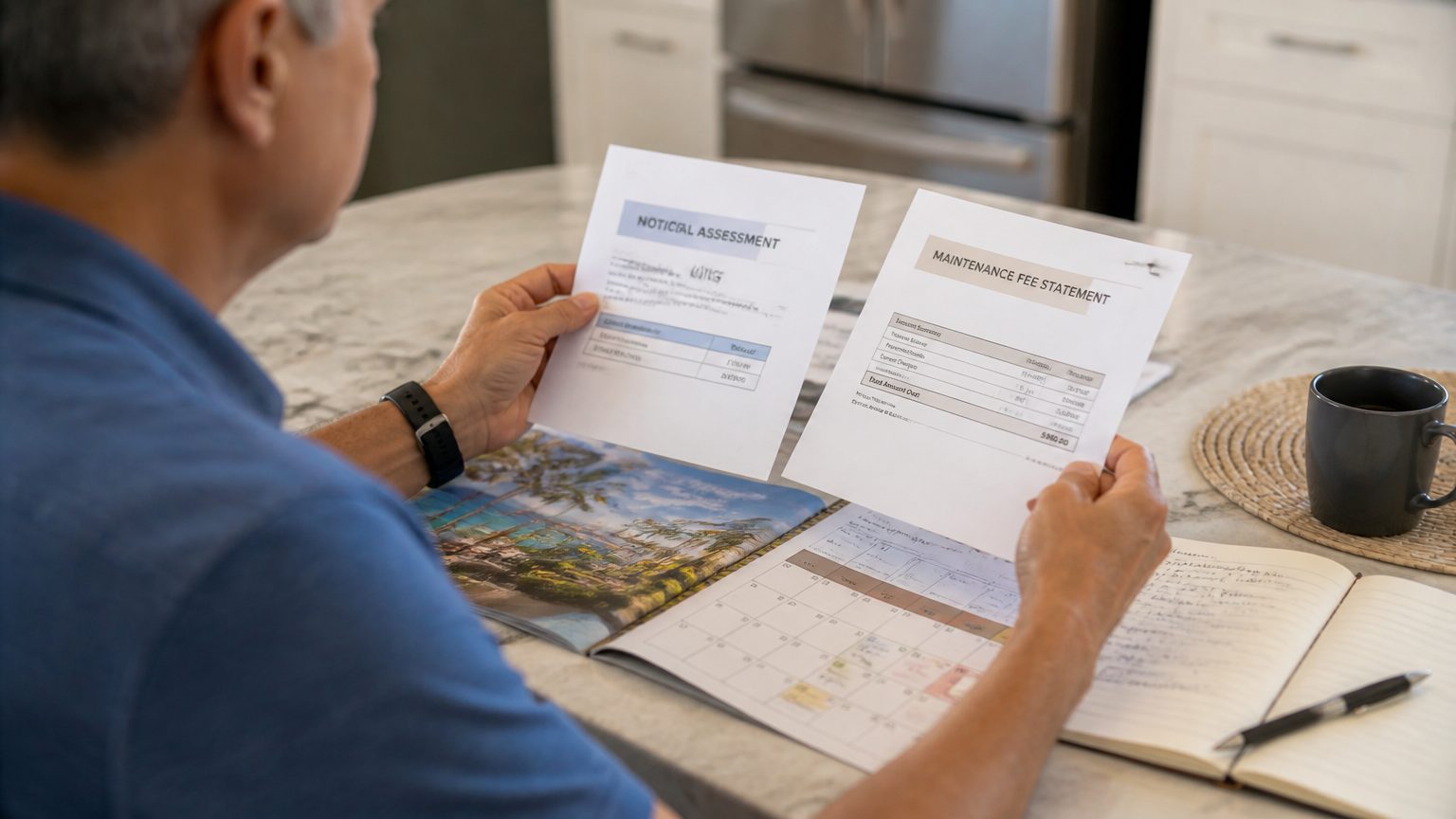 Timeshare owner comparing a maintenance-fee bill, HOA notice and resort calendar at a kitchen table