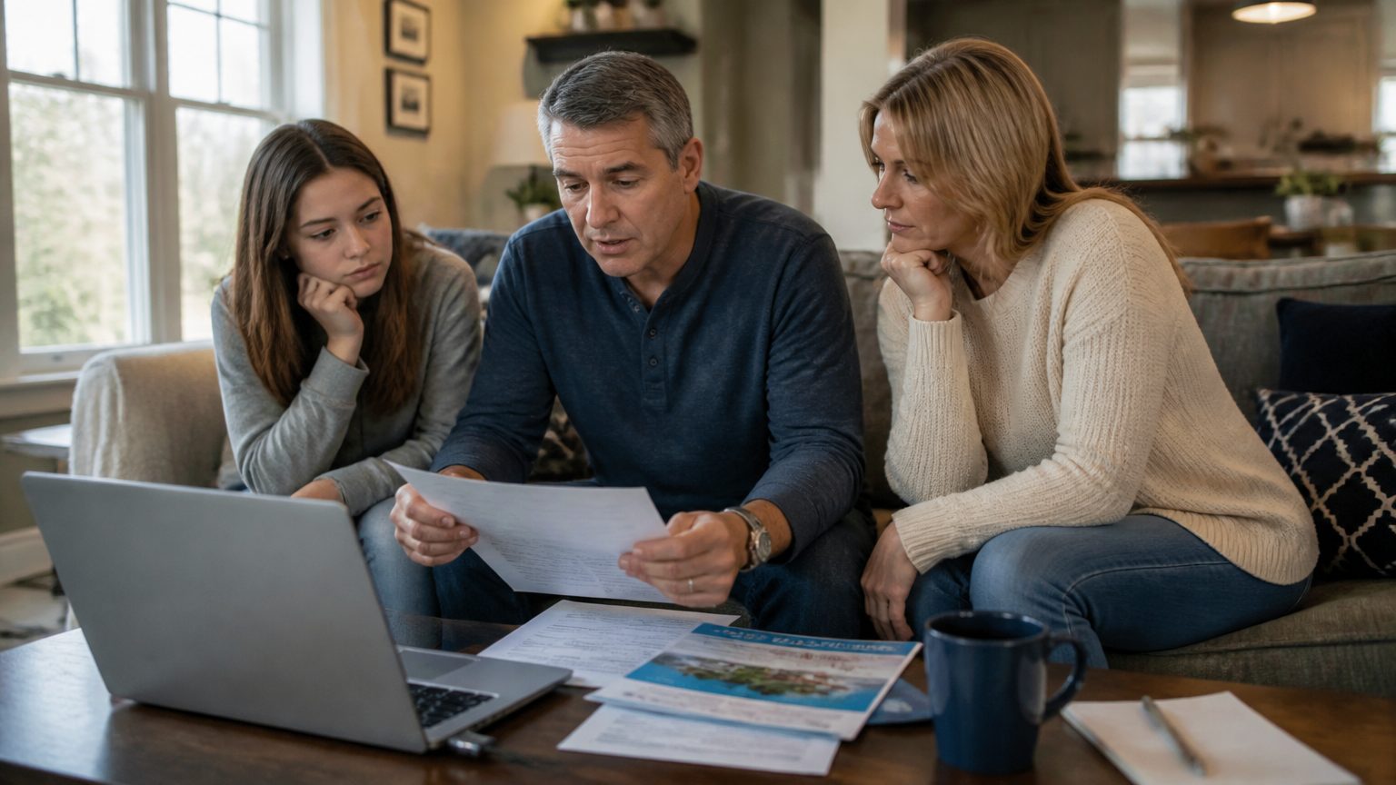 Owner speaking by phone with an adviser while looking at timeshare exit communications