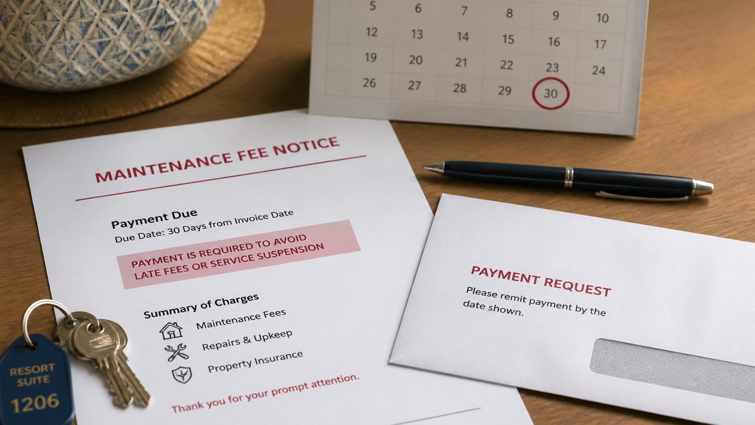 Generic timeshare fee notice and unsolicited payment request on a table