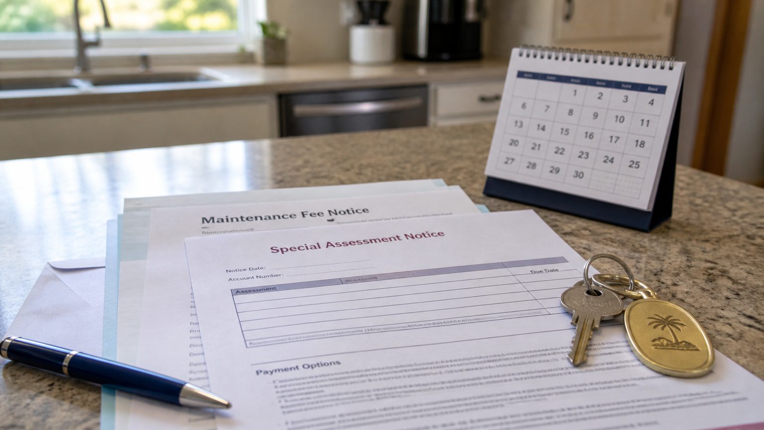 Generic timeshare fee notice, calendar and keys on a kitchen counter, representing owner concerns about maintenance fees and assessments.