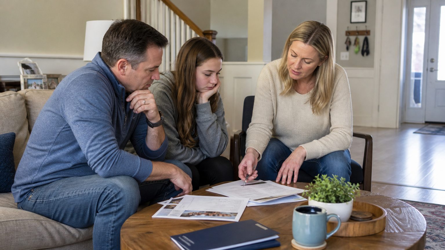 Timeshare owner speaking with an adviser about resale and exit options in a neutral office setting