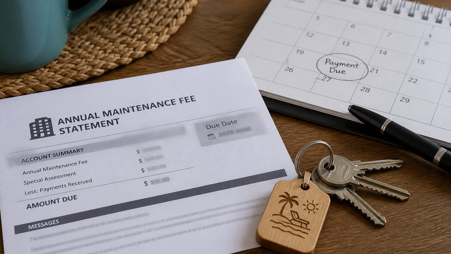 Generic timeshare maintenance fee statement and calendar on a kitchen table with U.S. dollar cues