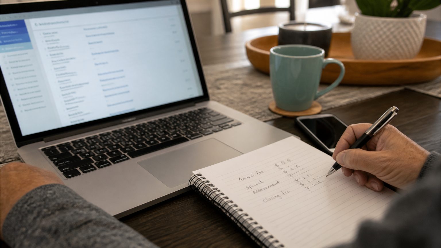 Generic timeshare resale emails and fee notes on a table without readable personal information