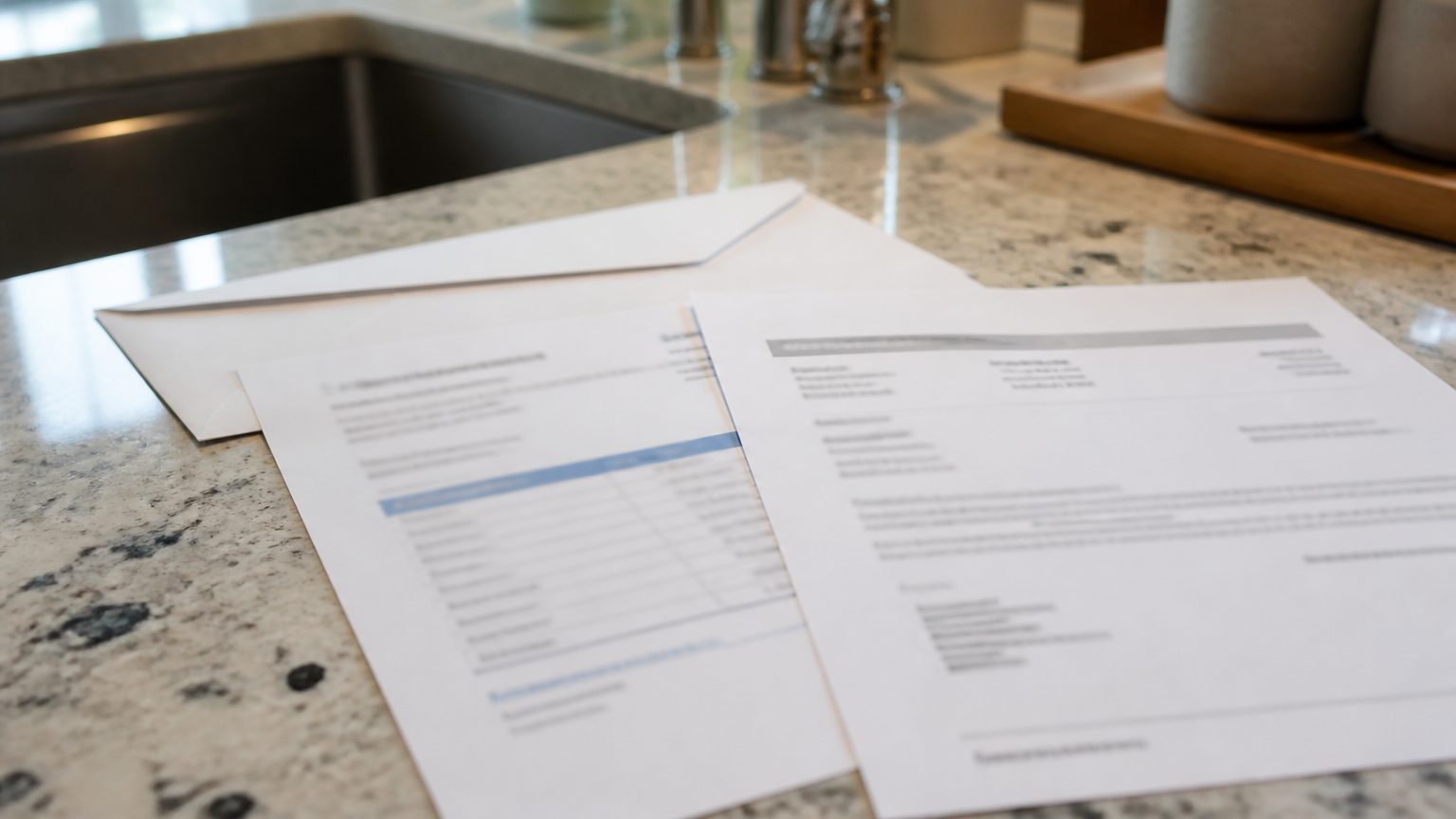 A generic release letter and account statement overlap on a kitchen counter.