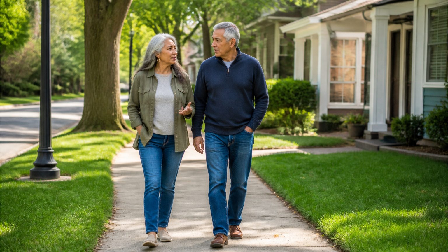 An older couple talks while walking along a quiet American neighborhood sidewalk.