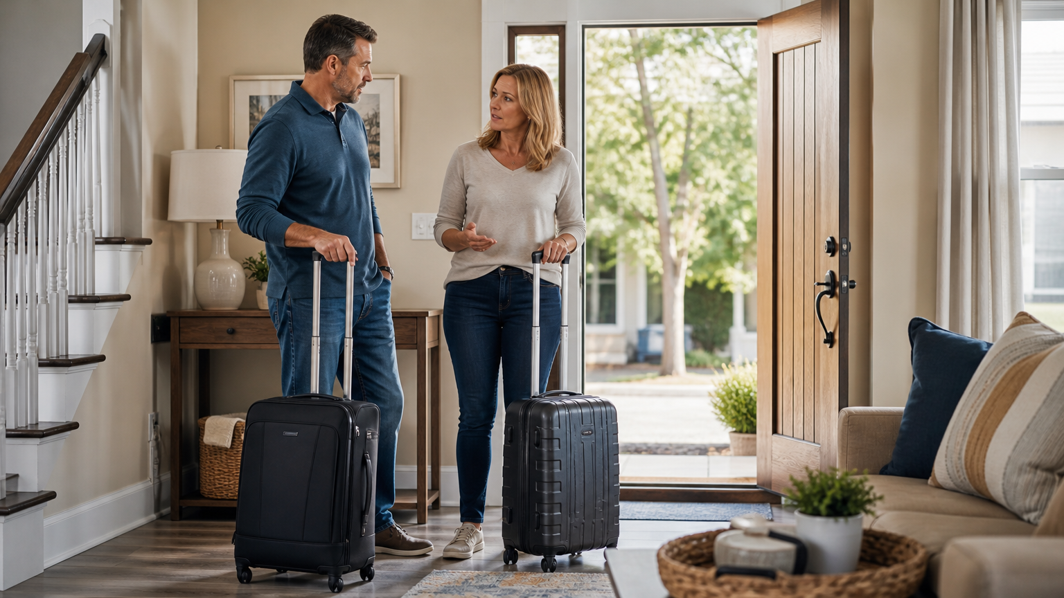 Two adults pause beside packed suitcases in a contemporary American home.