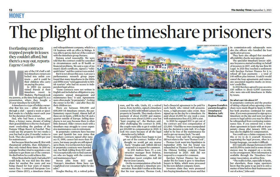 The plight of timeshare prisoners freed by our European Division (ECC) as featured in the Sunday Times
